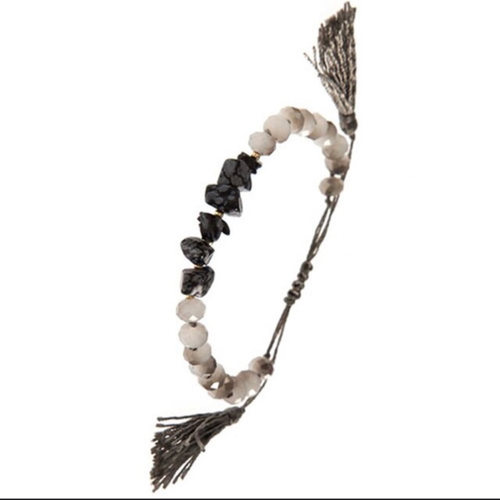 Gray Crystals & Beads Pull String Tassel Bracelet
